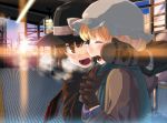  2girls blonde_hair blush breath brown_eyes brown_hair gloves hat hat_ribbon lamp maribel_hearn mittens multiple_girls open_mouth ribbon scarf signature takuzui touhou train_station usami_renko 