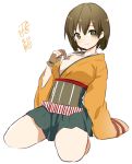  1girl blush brown_eyes brown_hair hiryuu_(kantai_collection) ica japanese_clothes kantai_collection long_sleeves looking_at_viewer personification short_hair simple_background smile solo white_background yugake 