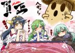  3girls aqua_hair bare_shoulders black_hair blush detached_sleeves frog_hair_ornament green_hair hair_ornament hairband hairclip haruna_(kantai_collection) japanese_clothes kantai_collection kochiya_sanae kotatsu long_hair looking_at_viewer multiple_girls personification smile snake_hair_ornament suzuya_(kantai_collection) table takana_shinno touhou translation_request yellow_eyes 