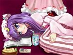  1girl bendy_straw blush_stickers book bowl cirno crescent_hair_ornament dress drinking_straw fetal_position hair_ornament hands_on_knees long_hair lying mob_cap on_side open_book open_mouth patchouli_knowledge purple_background purple_hair robe snack soda_can solo_focus striped striped_dress tonakai_(bunsuka) touhou violet_eyes 