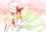  1girl blonde_hair blue_eyes blush bow capelet fairy_wings from_side hat hat_bow highres lily_white solo steepled_fingers takorice touhou wide_sleeves wings 