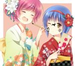  2girls blue_eyes blue_hair brown_eyes hagoita hairband japanese_clothes kimono little_busters!! long_hair multiple_girls nishizono_mio paddle paintbrush purple_hair saigusa_haruka satou_aoi short_hair wink 