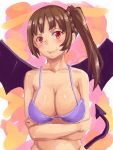  1girl arios_(orochi_yuta) bare_shoulders breasts brown_hair cleavage crossed_arms demon_girl demon_tail demon_wings highres large_breasts looking_at_viewer red_eyes side_ponytail smile solo tail wings 