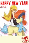  1girl 2014 blonde_hair crossover dress fooring keldeo long_hair monogatari_(series) new_year oshino_shinobu pokemon pokemon_(game) pokemon_bw2 riding yellow_eyes 