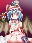  4girls bat_wings blue_hair book braid chibi covering_mouth crescent_hair_ornament cup dress fang gradient gradient_background grey_eyes hair_ornament hanging hat hat_ribbon hong_meiling izayoi_sakuya long_hair looking_at_viewer maid_headdress mob_cap multiple_girls open_book patchouli_knowledge pentagram person_on_head purple_background red_eyes redhead remilia_scarlet ribbon seiza short_hair short_sleeves silver_hair sitting skirt skirt_set smile star striped striped_dress teacup teapot tonakai_(bunsuka) touhou twin_braids wings wrist_cuffs 