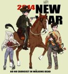  1girl 2014 2boys animal ao_no_exorcist belt bow_(weapon) character_request cowboy_hat crossbow denim gun handgun hat hood horse horseback_riding jeans katana katou_kazue multiple_boys new_year okumura_rin okumura_yukio parody poncho revolver saddle sitting_on_animal sword the_walking_dead torn_clothes torn_jeans torn_pants weapon 