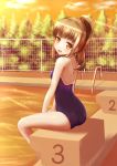  1girl brown_eyes brown_hair kk-sk-ray ponytail poolside school_swimsuit short_hair sitting solo swimsuit 