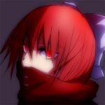  1girl bow lowres red_eyes redhead sekibanki short_hair simple_background solo touhou 