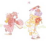  2girls bell blush flower hagoita hair_bell hair_flower hair_ornament hanetsuki hieda_no_akyuu japanese_clothes kimono mitsumoto_jouji motoori_kosuzu multiple_girls new_year paddle purple_hair red_eyes redhead short_hair sketch smile touhou twintails two_side_up wide_sleeves 