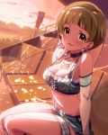  1girl arm_support artist_request blonde_hair blush breasts brown_eyes cleavage confetti crop_top earrings front-tie_top fukuda_noriko idolmaster idolmaster_million_live! jewelry lens_flare looking_at_viewer navel necklace official_art parted_lips racequeen skirt smile sunset 