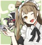  2girls alternate_costume apron black_hair blush bow brown_eyes brown_hair enmaided hair_bow hitoto long_hair looking_at_viewer love_live!_school_idol_project maid maid_headdress minami_kotori multiple_girls open_mouth red_eyes short_hair smile spilling tray tripping twintails wink yazawa_nico 