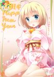  1girl 2014 blonde_hair blue_eyes blush breasts collar food fruit japanese_clothes kimono looking_at_viewer new_year open_mouth orange original sekine_irie short_hair solo 
