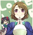  2girls black_hair blush bow bowl brown_hair empty hair_bow hands_together hitoto koizumi_hanayo looking_at_viewer love_live!_school_idol_project multiple_girls open_mouth red_eyes rice rice_cooker school_uniform short_hair smile twintails violet_eyes yazawa_nico 