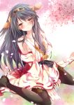  1girl bare_shoulders black_hair boots breasts cherry_blossoms cleavage detached_sleeves hair_ornament hairband hairclip haruna_(kantai_collection) japanese_clothes kantai_collection long_hair nogi_takayoshi nontraditional_miko personification ribbon-trimmed_sleeves ribbon_trim sarashi sitting solo thigh_boots thighhighs wariza 