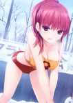  1girl :d absurdres breasts buruma cleavage coffee-kizoku highres open_mouth pink_eyes pink_hair ponytail smile snow snowman tagme topless 