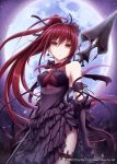  1girl brown_eyes dress gloves long_hair moon night ponytail red_hair redhead solo spear valkyrie_crusade weapon 