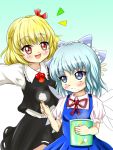  2girls blonde_hair blue_eyes blue_hair blush_stickers bow cirno dress fang food food_on_face frown gradient gradient_background hair_bow hair_ribbon ice_cream looking_at_another looking_away multiple_girls open_mouth outstretched_arms puffy_short_sleeves puffy_sleeves red_eyes ribbon rumia short_hair short_sleeves simple_background skirt skirt_set spread_arms tonakai_(bunsuka) touhou wings 