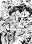  bud_(korovsme) caesar_anthonio_zeppeli danny_(jojo) dog graphite_(medium) gyro_zeppeli higashikata_jousuke higashikata_jousuke_(jojolion) highres johnny_joestar jojo_no_kimyou_na_bouken jojolion jonathan_joestar kira_yoshikage kira_yoshikage_(jojolion) monochrome multiple_persona steel_ball_run traditional_media tusk_(stand) 