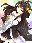  1girl bare_shoulders black_legwear blue_eyes blush breasts brown_hair cannon detached_sleeves double_bun gotou_jin hair_ornament hairband headgear japanese_clothes kantai_collection kongou_(kantai_collection) long_hair nontraditional_miko personification skirt smile solo thighhighs turret wink 