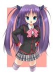  1girl blue_eyes fang little_busters!! long_hair purple_hair sasasegawa_sasami school_uniform thighhighs twintails yupachi 
