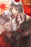  1girl animal_ears detached_sleeves fang hat highres horse inubashiri_momiji long_sleeves looking_at_viewer mountain open_mouth orange_eyes oriental_umbrella rikkido shirt silver_hair skirt smile solo sun tail tokin_hat touhou umbrella wide_sleeves wolf_ears wolf_tail 