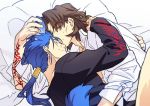  2boys animal_ears blue_hair brown_eyes brown_hair command_spell cuddling earrings fate/stay_night fate_(series) hoodie jewelry kemonomimi_mode kotomine_kirei lancer long_hair multiple_boys ponytail sexy44 sleeping tail wolf_ears wolf_tail 