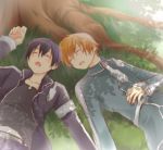  2boys black_hair blonde_hair closed_eyes eugeo kirito lying multiple_boys nyame short_hair sleeping sword_art_online tree 