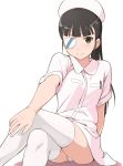  1girl alternate_costume black_hair blush brown_eyes cosplay crossed_legs eyepatch hand_on_knee hat long_hair nurse nurse_cap panties ponytail sakamoto_mio sitting smile solo strike_witches thighhighs underwear white_legwear youkan 