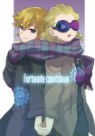  2boys blonde_hair blue_eyes coat dylan_keith gorugon green_eyes holding_hands inazuma_eleven inazuma_eleven_(series) male mark_kruger multiple_boys open_mouth scarf shared_scarf short_hair smile sunglasses yaoi 