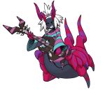  1girl bass_guitar black_sclera black_skin fang fusion grin hair_bobbles hair_ornament homika_(pokemon) horns instrument kenchi monster_girl pokemon pokemon_(game) pokemon_bw2 scolipede smile solo striped topknot white_hair yellow_eyes 