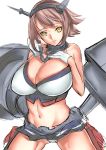  1girl bare_shoulders breasts brown_eyes brown_hair cleavage dodai_shouji gloves huge_breasts kantai_collection mutsu_(kantai_collection) navel short_hair simple_background solo white_background 