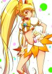  1girl blonde_hair boots bow cure_sunshine hair_ribbon hand_on_hip heartcatch_precure! knee_boots long_hair looking_at_viewer magical_girl midriff myoudouin_itsuki navel precure ribbon shirono skirt solo twintails wrist_cuffs yellow_eyes 