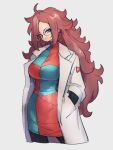  1girl android_21 blue_eyes breasts checkered_clothes checkered_dress closed_mouth dragon_ball dragon_ball_fighterz dress earrings glasses grey_background hand_in_pocket hoop_earrings jewelry kemachiku labcoat large_breasts long_hair looking_at_viewer redhead simple_background smile solo 
