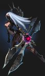  1girl alternate_costume artist_request blade bodysuit breasts center_opening gloves hips irelia league_of_legends long_hair mask navel red_eyes silver_hair solo source_request 