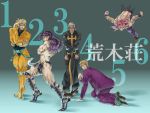  6+boys blonde_hair cars_(jojo) daifukumochi_(qquuiieett) dark_skin diavolo dio_brando enrico_pucci highres jojo_no_kimyou_na_bouken jojo_pose kira_yoshikage multiple_boys parody pink_hair purple_hair white_hair 