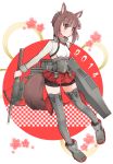  1girl 2014 animal_ears bike_shorts blush bow_(weapon) brown_eyes brown_hair crossbow flat_chest headband headgear highres kantai_collection kemonomimi_mode lacolon personification pleated_skirt short_hair skirt solo taihou_(kantai_collection) tail thighhighs weapon 