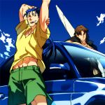  2boys blue_hair brown_hair car fate/stay_night fate_(series) kotomine_kirei lancer long_hair motor_vehicle multiple_boys ponytail sexy44 summer t-shirt vehicle 