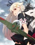  1girl aircraft black_gloves black_serafuku blonde_hair gloves hair_ornament hairclip kantai_collection long_hair personification red_eyes ribbon school_uniform serafuku skirt solo thighhighs yuudachi_(kantai_collection) 