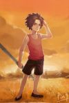  1boy black_hair child clouds freckles one_piece ping_(caoyanping198793) portgas_d_ace shorts solo sword tank_top weapon younger 