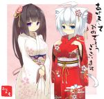  2girls ahoge animal_ears black_hair blue_eyes bow breasts flower flower_on_head hair_bow hands_on_own_chest highres hime_cut japanese_clothes kimono large_breasts multiple_girls original sawati tail violet_eyes white_hair 
