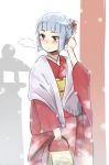  1girl alternate_costume alternate_hairstyle bag blush flower hair_flower hair_ornament handbag japanese_clothes kantai_collection kimono long_sleeves murakumo_(kantai_collection) pennel personification red_eyes silver_hair solo wide_sleeves 