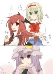  3girls alice_margatroid aqua_eyes bat_wings blonde_hair blue_dress brown_dress capelet crescent dress flying_sweatdrops hairband hat head_wings highres holding_hair koakuma multiple_girls open_mouth patchouli_knowledge purple_hair red_eyes redhead smile touhou translation_request violet_eyes watching wings yuuta_(monochrome) 