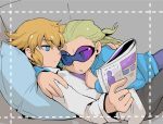  2boys blonde_hair blue_eyes couch dylan_keith gorugon inazuma_eleven inazuma_eleven_(series) magazine male mark_kruger multiple_boys on_person open_mouth pillow sweat yaoi 