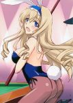  1girl :d absurdres animal_ears artist_request ass black_legwear blonde_hair blue_eyes breasts bunny_girl bunnysuit cecilia_alcott cue_stick highres infinite_stratos open_mouth pantyhose pool_table rabbit_ears smile 