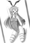  1girl cellphone competition_swimsuit kantai_collection long_hair mirror monochrome one-piece_swimsuit phone reflection self_shot shimakaze_(kantai_collection) striped striped_legwear swimsuit thighhighs tk4 