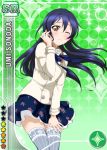  1girl blue_hair brown_eyes character_name jacket long_hair love_live!_school_idol_project official_art solo sonoda_umi thighhighs wink 