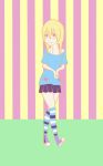  1girl blonde_hair blue_eyes mooseyfate13 original skirt socks striped striped_background striped_legwear 