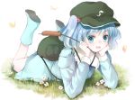  1girl backpack bag blue_eyes blue_hair blush butterfly cattail flower grass hair_bobbles hair_ornament hat kawashiro_nitori lying on_stomach open_mouth plant short_hair smile touhou twintails yatomi 