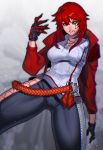  1girl belt black_sclera breasts chain_necklace cropped_jacket cyborg facial_tattoo faulds gloves heterochromia highres jacket jjune large_breasts mismatched_gloves mole original pants red_eyes red_jacket redhead skindentation solo tattoo yellow_eyes 