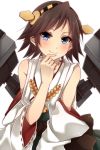  1girl bare_shoulders blue_eyes blush brown_hair cannon detached_sleeves hairband headgear hiei_(kantai_collection) japanese_clothes kantai_collection nontraditional_miko personification plaid short_hair skirt smile solo turret yamasuta 
